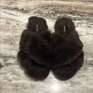 Nine West Dark Brown Faux Fur Cross-Band Slide Slippers